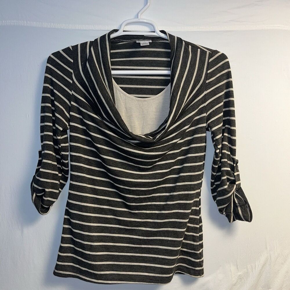Motherhood Nursing Wear Maternity Women’s M Stripe Rolled Tab Sleeves Gray Cream